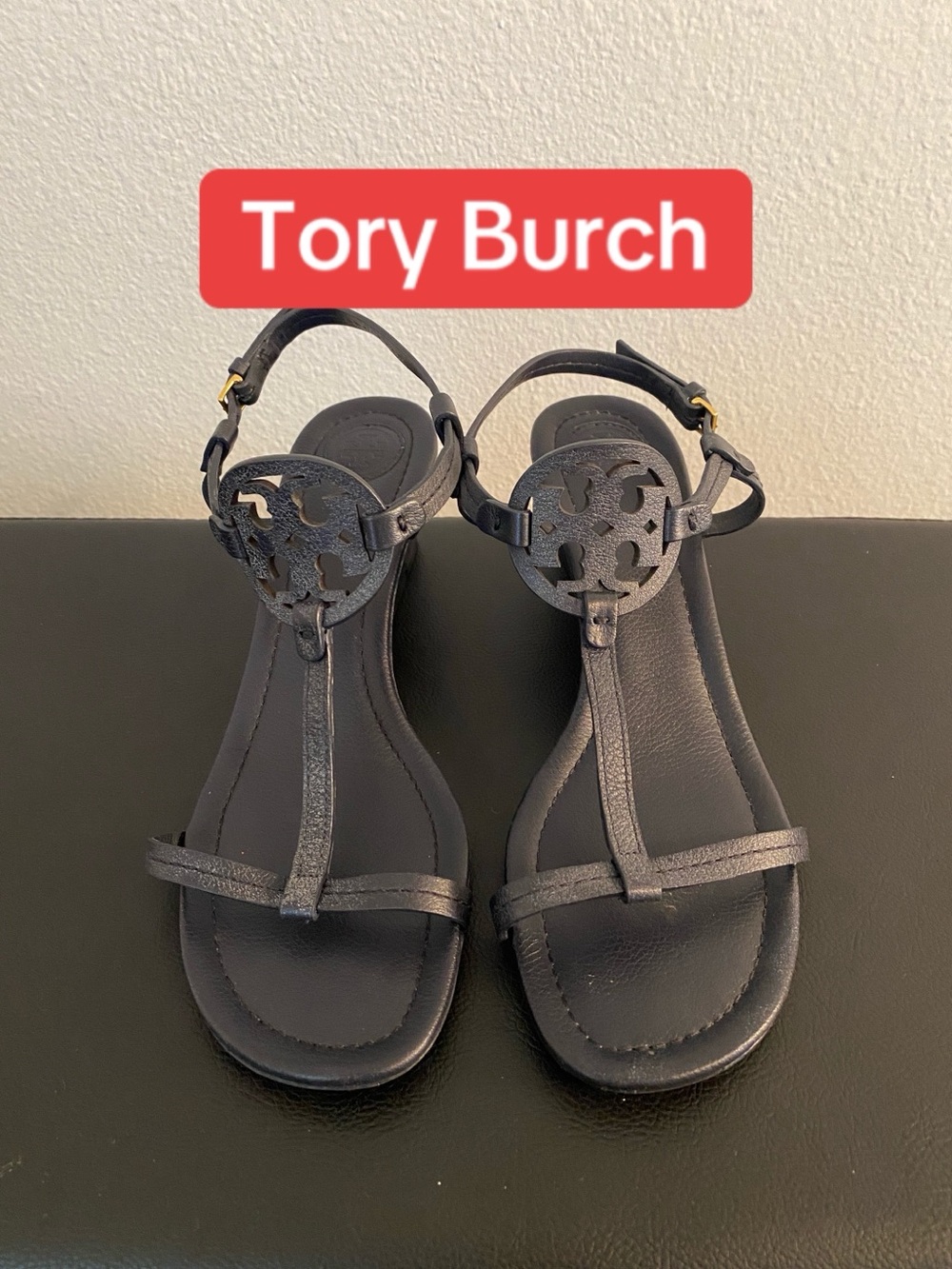 Tory Burch navy Leather Logo T-Strap Sandals
